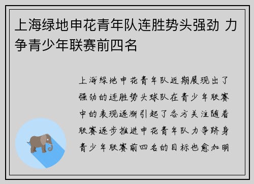 上海绿地申花青年队连胜势头强劲 力争青少年联赛前四名