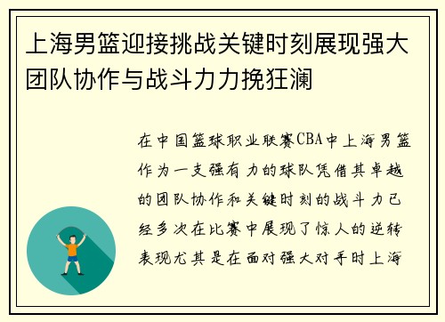 上海男篮迎接挑战关键时刻展现强大团队协作与战斗力力挽狂澜